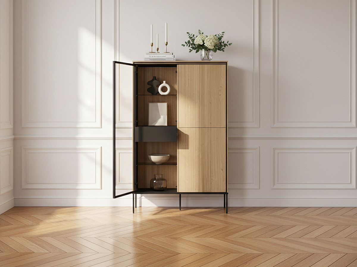 VERONA 3-deurs vitrinekast H.156 cm eikenhouten look en rookglas met LED's