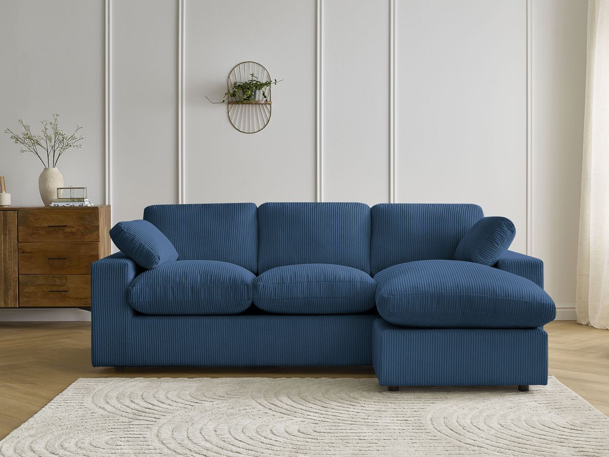 Canapé d'angle compact réversible BELAIR velours côtelé bleu foncé — vue 5