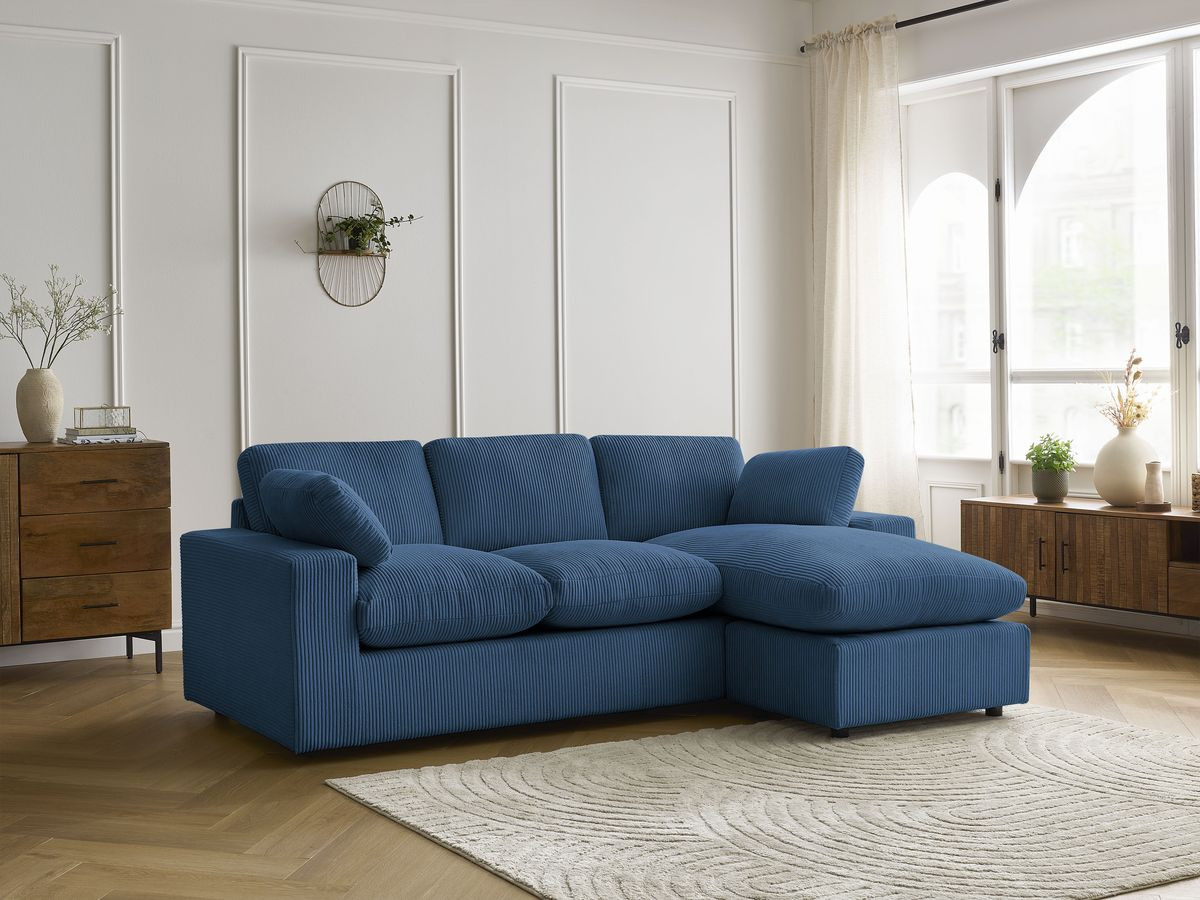 Canapé d'angle compact réversible BELAIR velours côtelé bleu foncé — vue 6