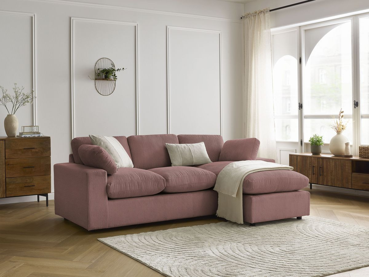 Canapé d'angle compact réversible BELAIR velours côtelé rose
