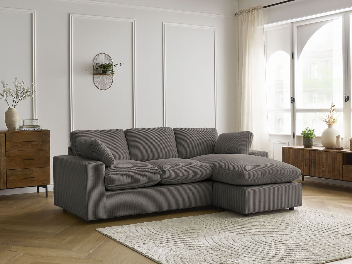 Canapé d'angle compact réversible BELAIR velours côtelé taupe — vue 6