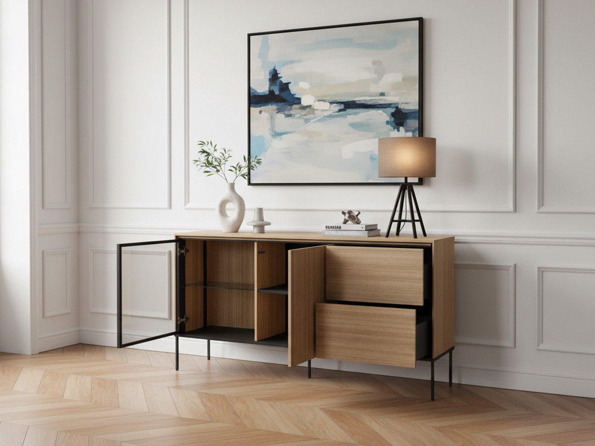 Buffet 2 portes 2 tiroirs 167 cm VERONA effet chêne et verre fumé avec LEDS — vue 6