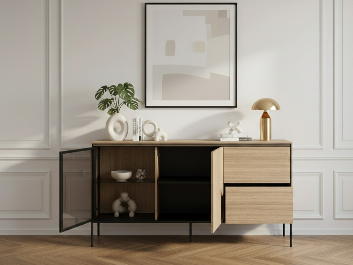 2-deurs, 2-laden dressoir 167 cm VERONA eikenhouten look en gerookt glas met LED's