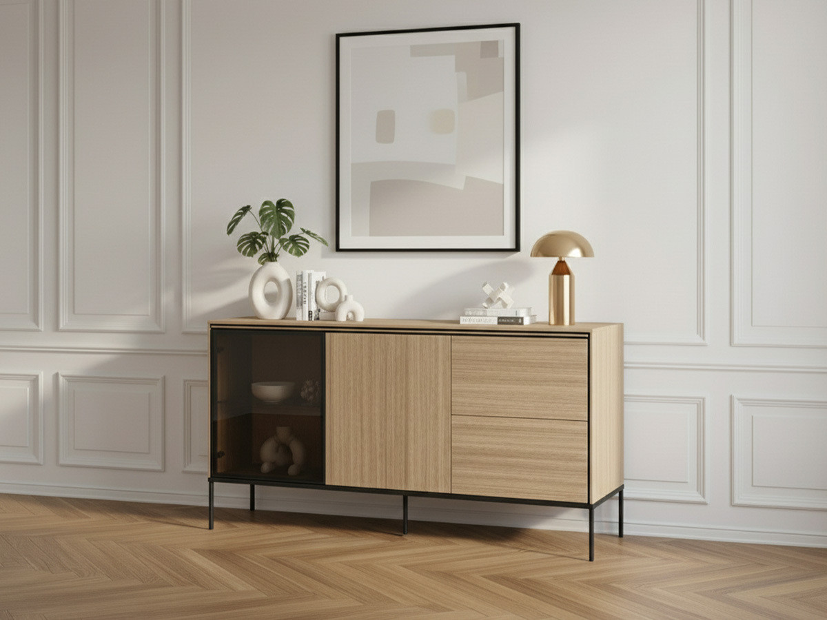 2-deurs, 2-laden dressoir 167 cm VERONA eikenhouten look en gerookt glas met LED's
