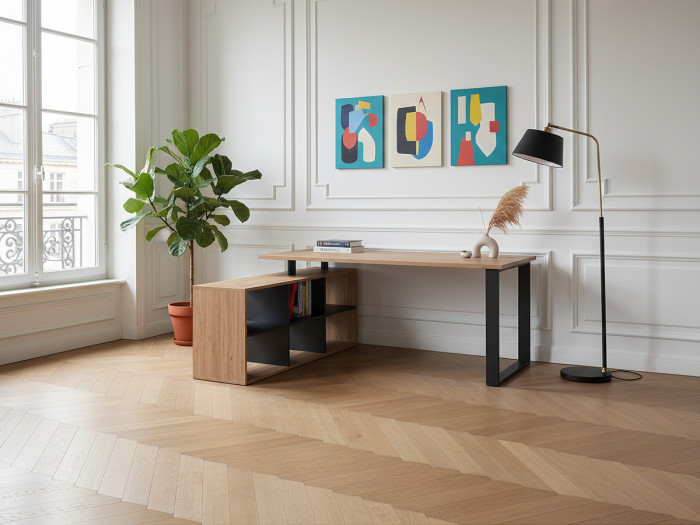 Bureau modulable avec étagères COLOGNE Chêne et noir