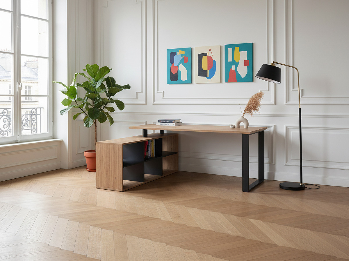 Bureau modulable avec étagères COLOGNE Chêne et noir