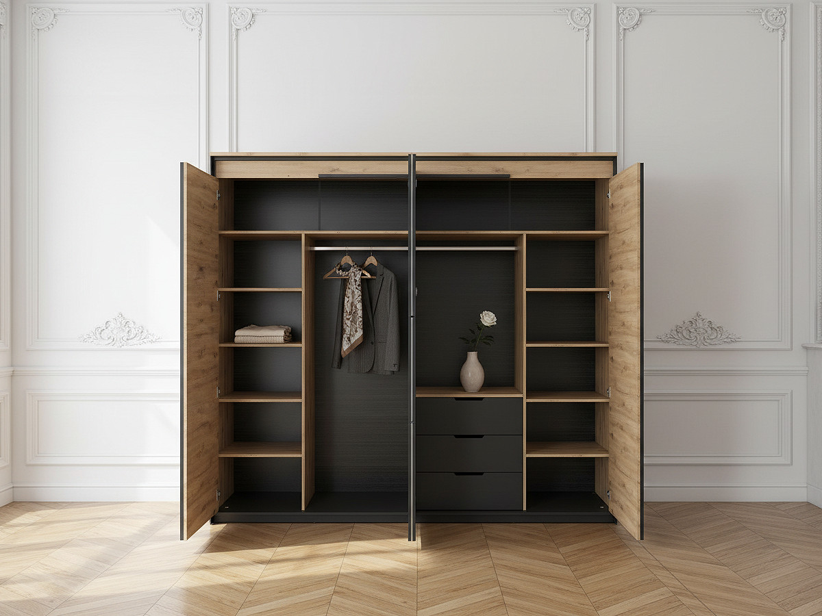 KYRIA 250 cm 4-deurs kledingkast met LED's, eikenlook