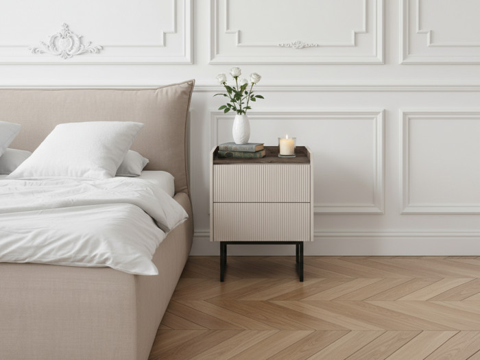 Table de chevet 2 tiroirs LOUNA beige et effet bois avec tasseaux et LED