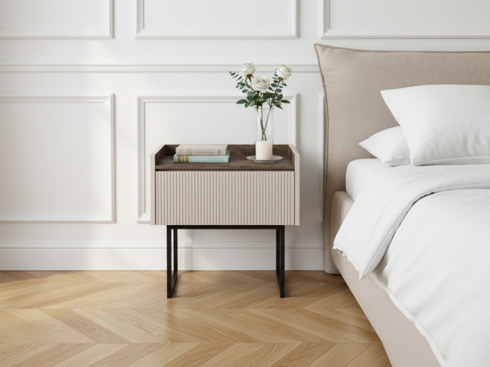 Table de chevet 1 tiroir LOUNA beige et effet bois avec tasseaux et LED