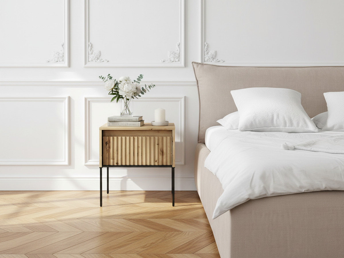 Table de chevet 1 tiroir LENARA avec tasseaux et LED marron clair