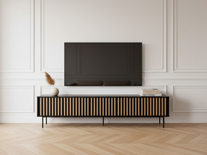 Meuble TV 5 portes 220 cm CORNEILLE tasseaux pin massif