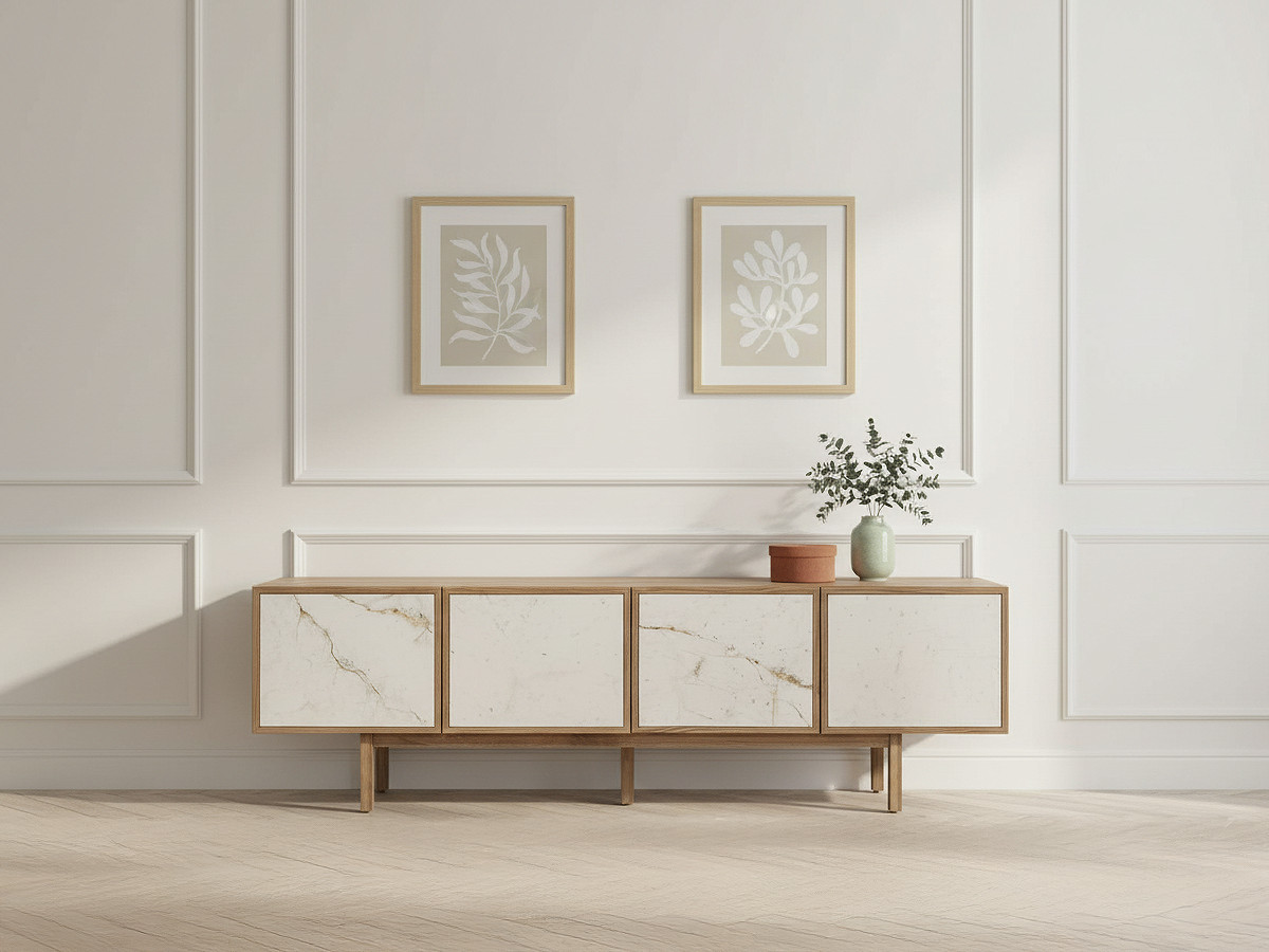 BARI 4-deurs tv-meubel 180 cm massief eiken fineer en keramiek