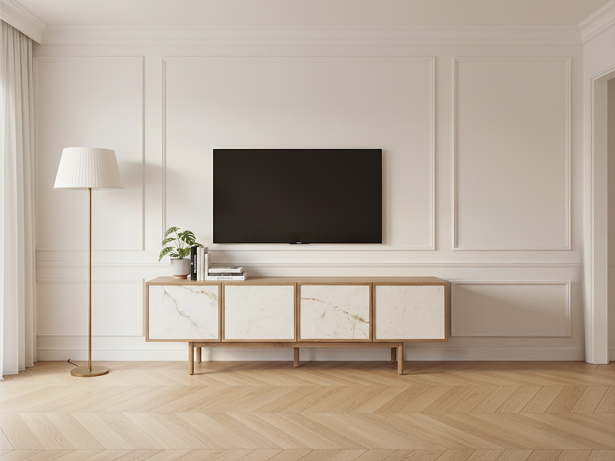 BARI 4-deurs tv-meubel 180 cm massief eiken fineer en keramiek