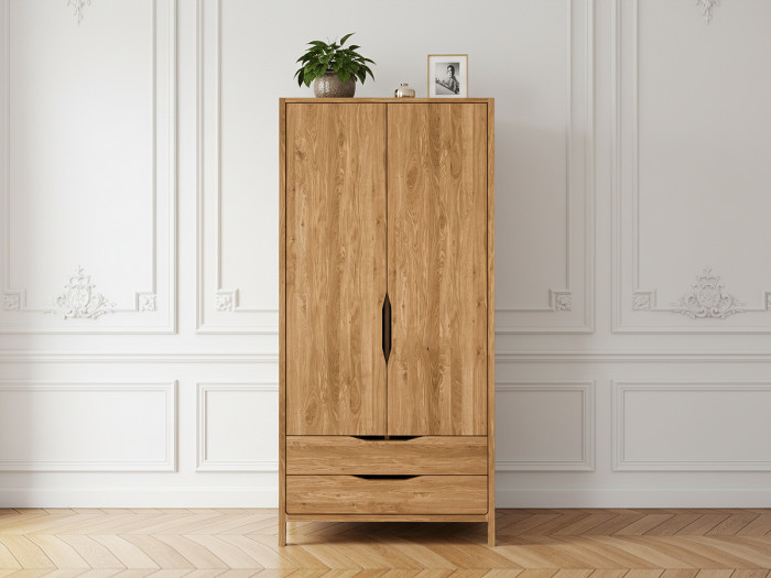 Armoire SOLENE chêne massif 95 cm 2 portes 2 tiroirs