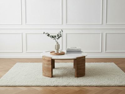Table basse ronde D.85 cm TORVI plateau marbre et pieds bois massif d'acacia