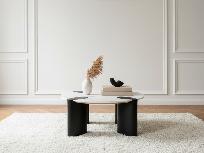 Table basse ronde D.90 cm CERSEÏ plateau marbre et pieds bois massif de manguier noir