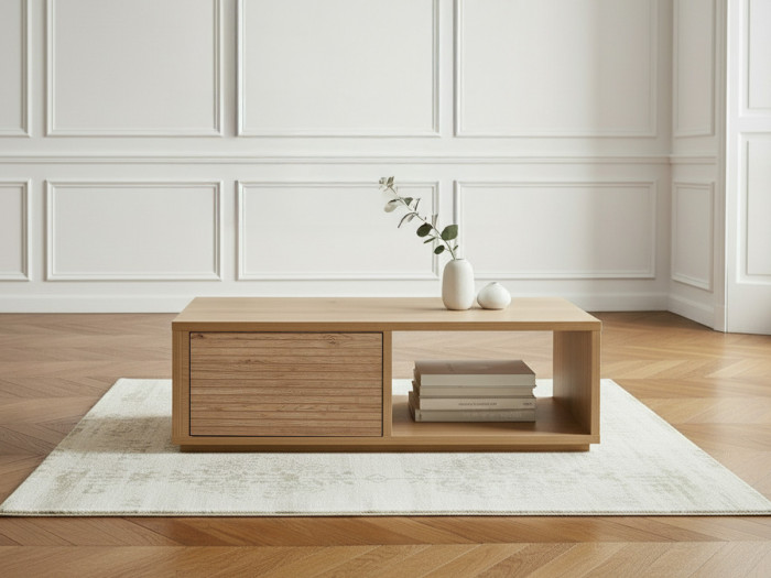Table basse avec tiroir 100 cm FERRET effet tasseaux de bois