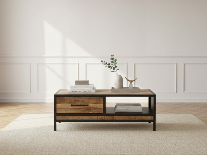 Table basse 1 tiroir BEAUBOURG bois massif de manguier
