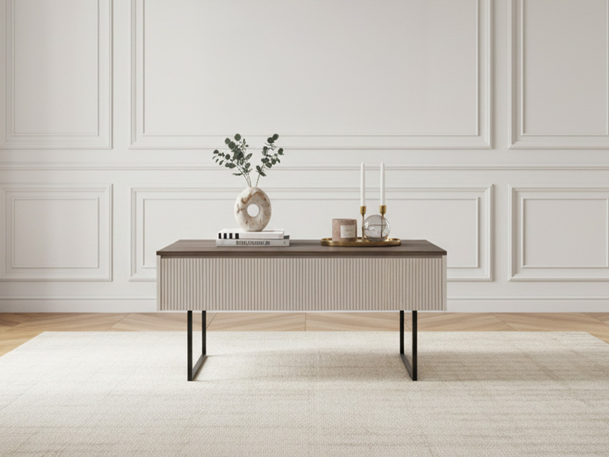 Table basse 1 porte 100 cm LOUNA beige et effet bois avec tasseaux et LED