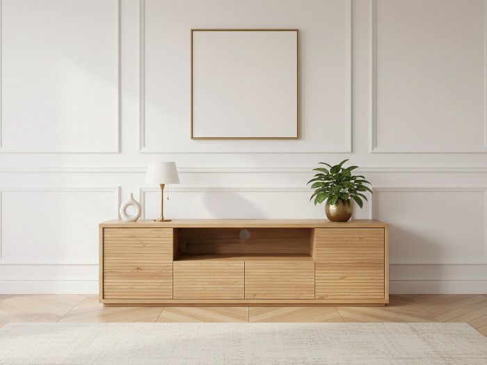 Meuble TV 2 portes 180 cm FERRET effet tasseaux de bois