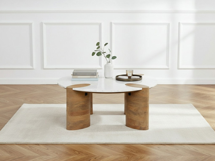 Table basse ronde D.90 cm CERSEÏ plateau marbre et pieds bois massif de manguier clair