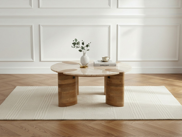 Table basse ronde D.90 cm CERSEÏ plateau travertin et pieds bois massif de manguier clair
