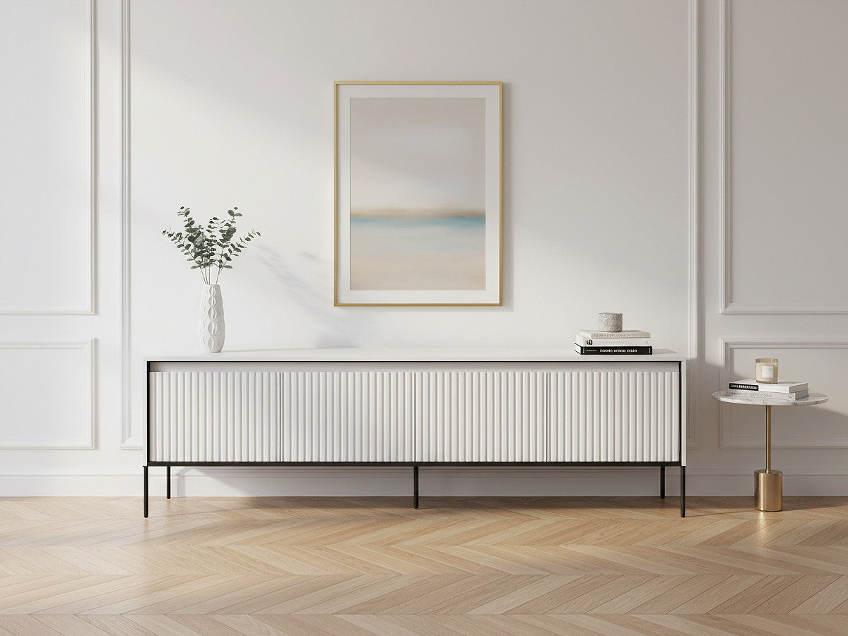 Meuble TV 4 portes 167 cm LENARA avec tasseaux et LED blanc