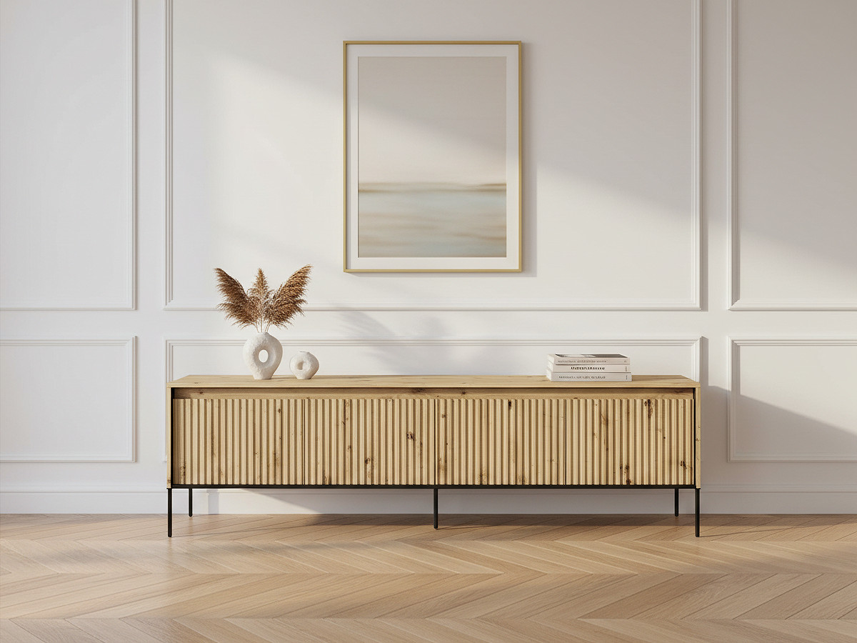 Meuble TV 4 portes 167 cm LENARA avec tasseaux et LED marron clair