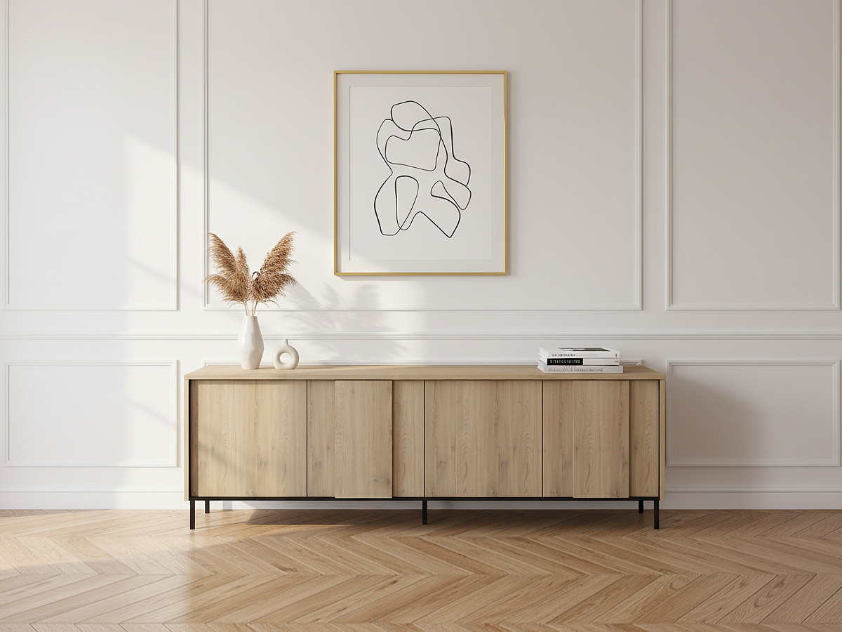 Meuble TV 4 portes 167 cm TILIA imitation chêne avec LED
