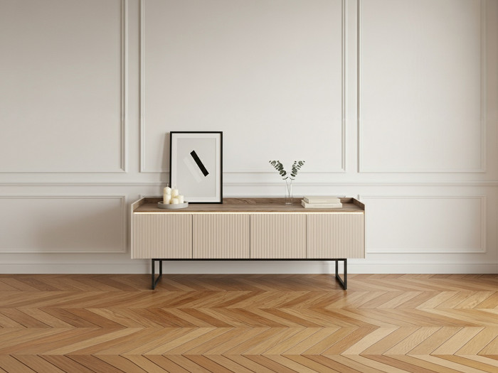 Meuble TV 166 cm LOUNA beige et effet bois avec tasseaux et LED