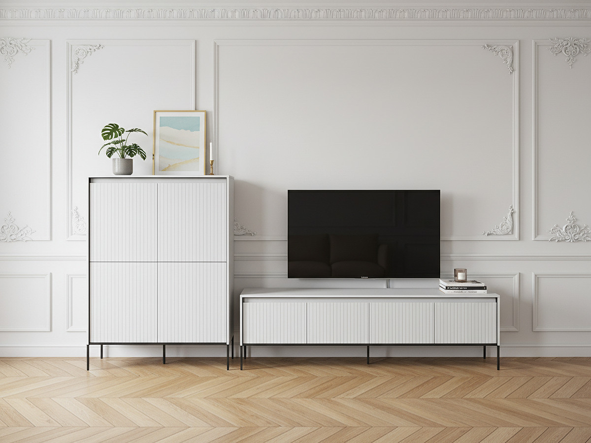 Ensemble LENARA avec buffet haut 100 cm + meuble TV 193 cm avec tasseaux et LED blanc — vue 5