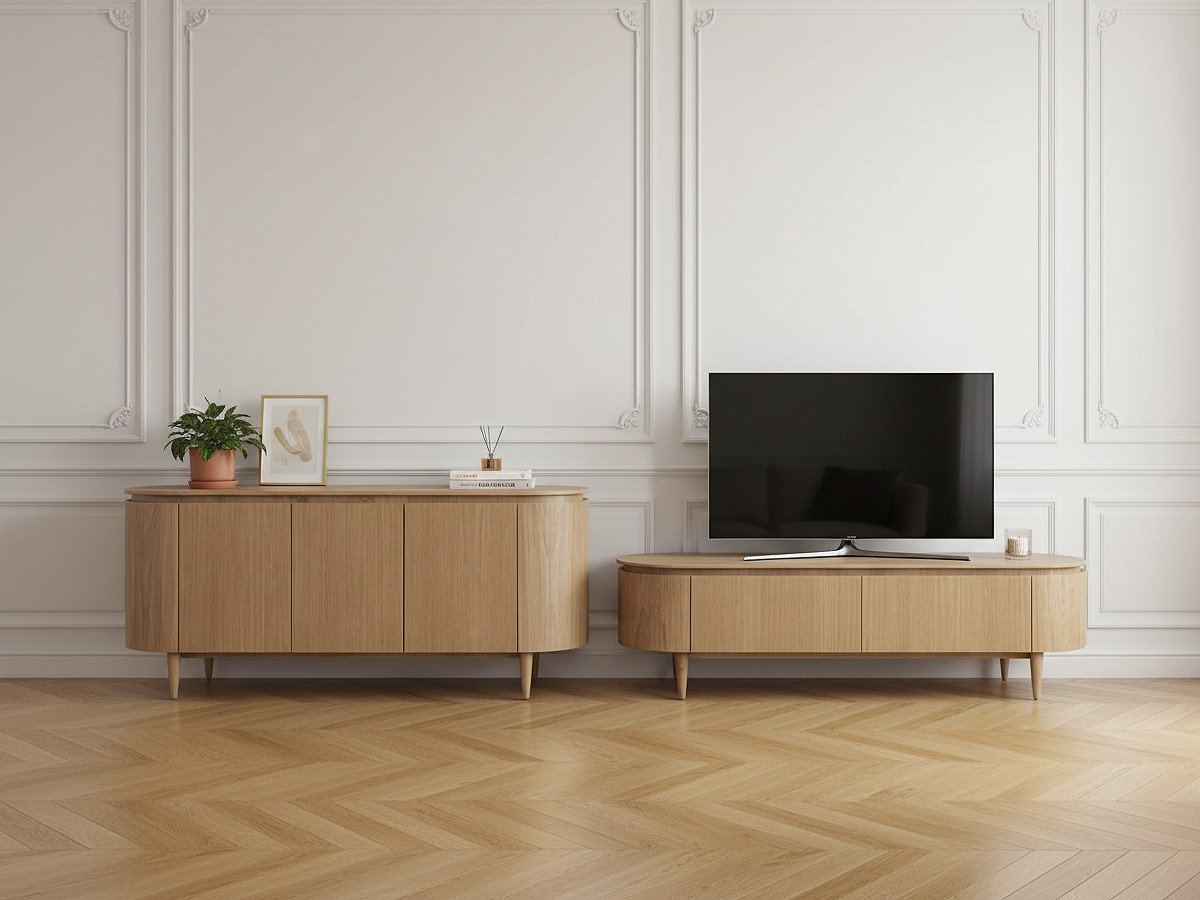 SORMIOU set met 180 cm dressoir + 180 cm tv-meubel in massief eiken fineer