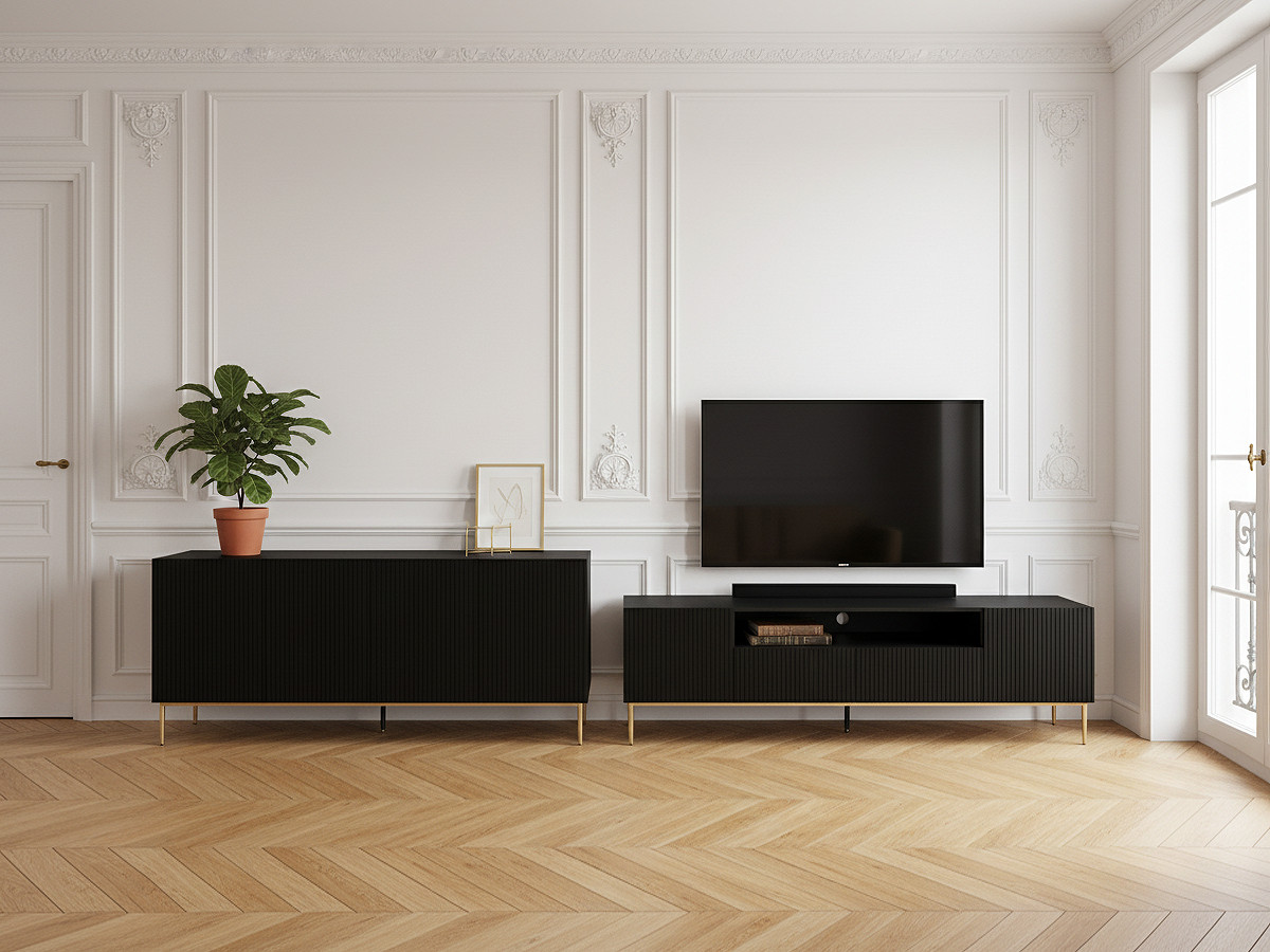 KASHA set met 200 cm tv-meubel met nis + 200 cm 4-deurs dressoir met gouden poten