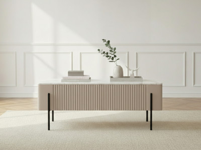 Table basse 2 tiroirs 100 cm MATHILDE plateau effet marbre et pieds noirs