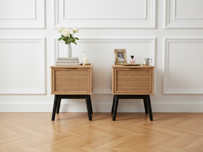 Lot de 2 chevets ALBI bois massif et rotin