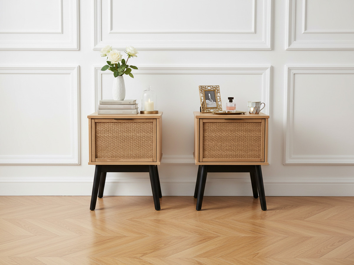 Lot de 2 Chevets ALBI bois massif et rotin