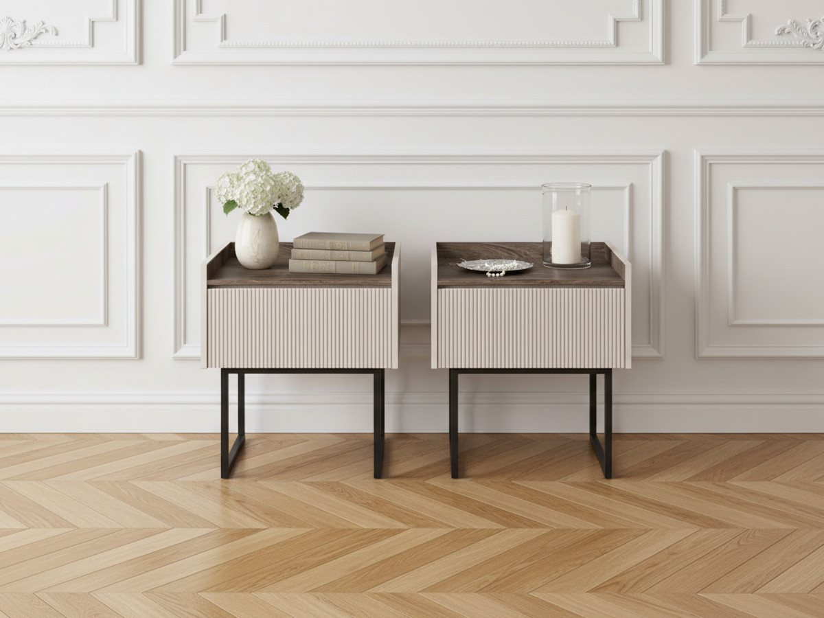 Table de chevet 1 tiroir LOUNA beige et effet bois avec tasseaux et LED