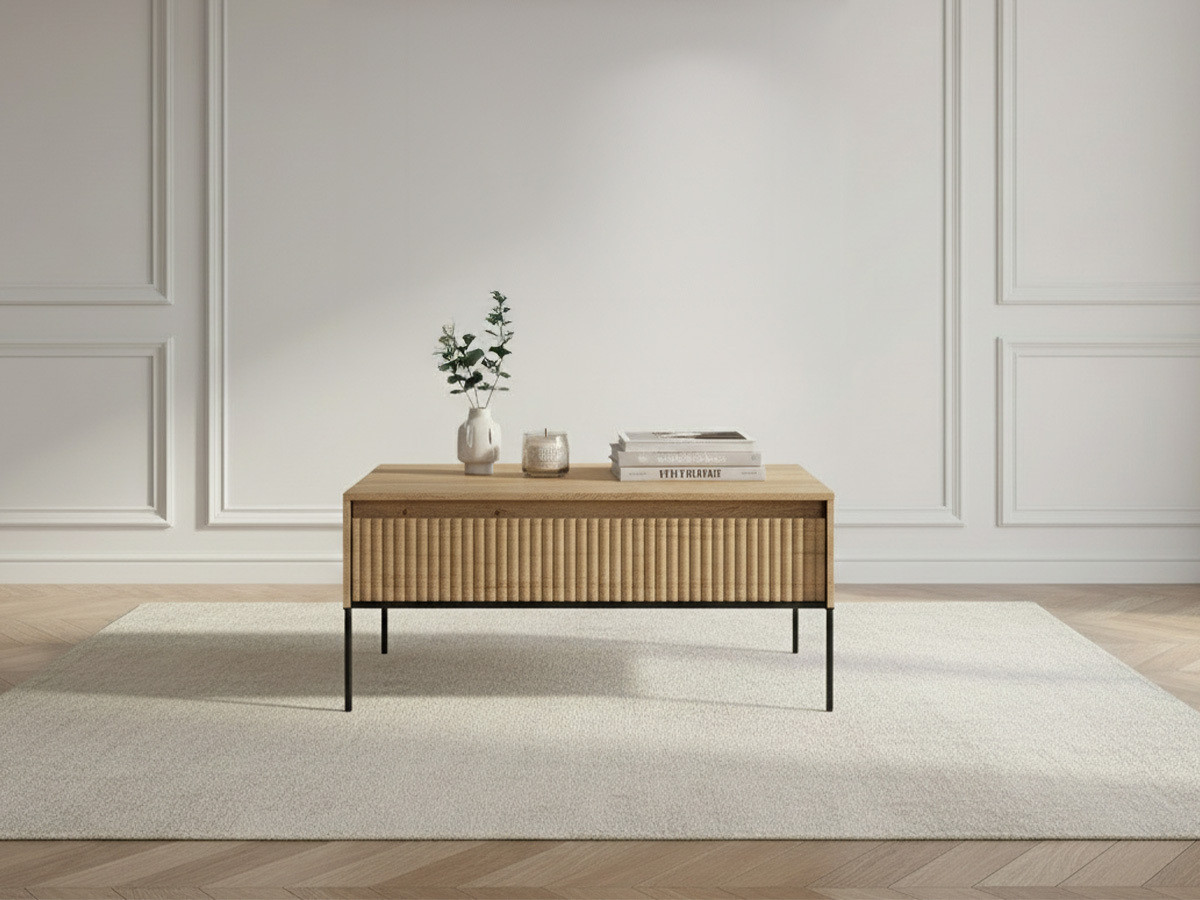 Table basse 1 porte 100 cm LENARA avec tasseaux marron clair