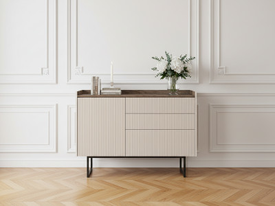 Commode 3 tiroirs 1 porte 118 cm LOUNA beige et effet bois avec tasseaux et LED