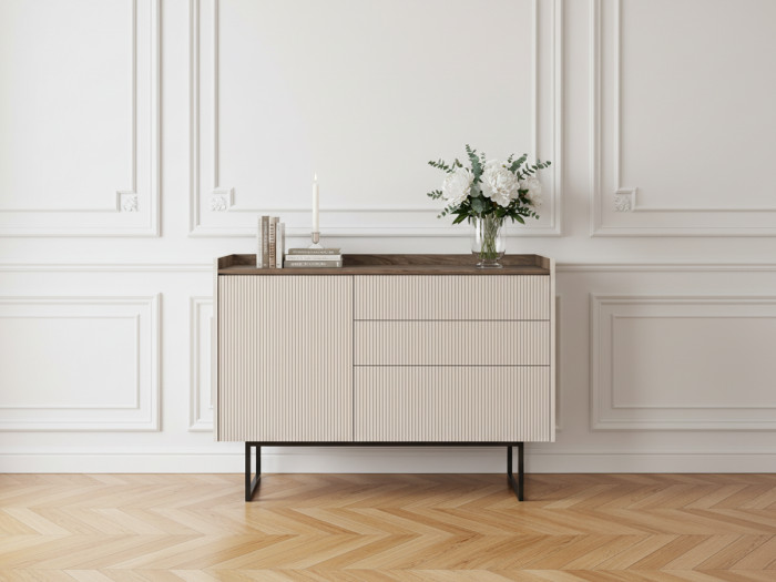 Commode 3 tiroirs 1 porte 118 cm LOUNA beige et effet bois avec tasseaux et LED