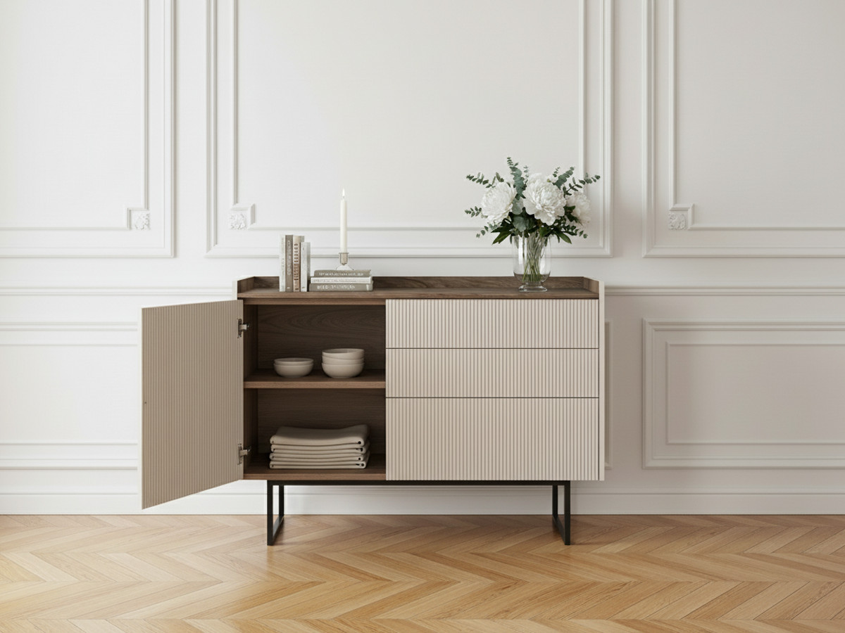 Ladekast met 3 laden en 1 deur, 118 cm, LOUNA, beige en houtlook, met noppen en ledverlichting