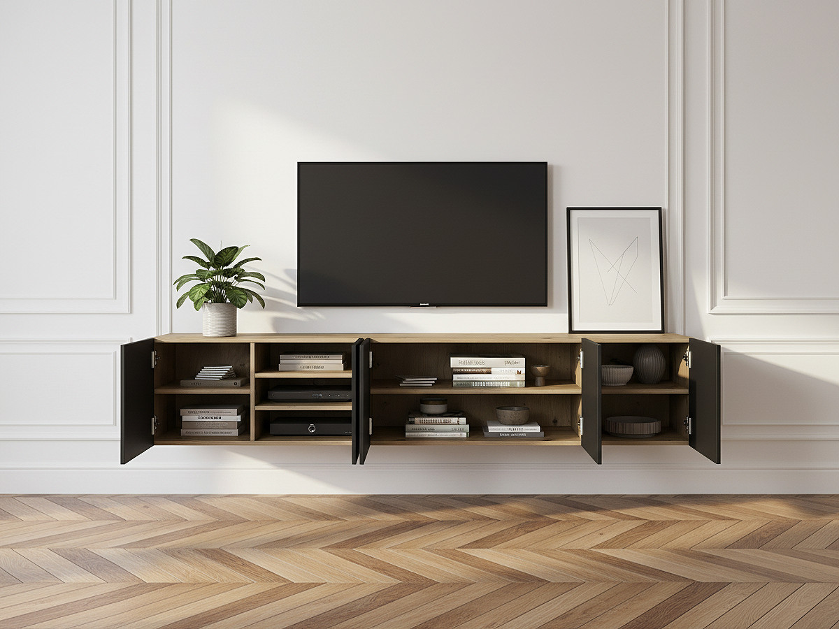 Meuble TV suspendu 200 cm ALICE chêne et noir — vue 5