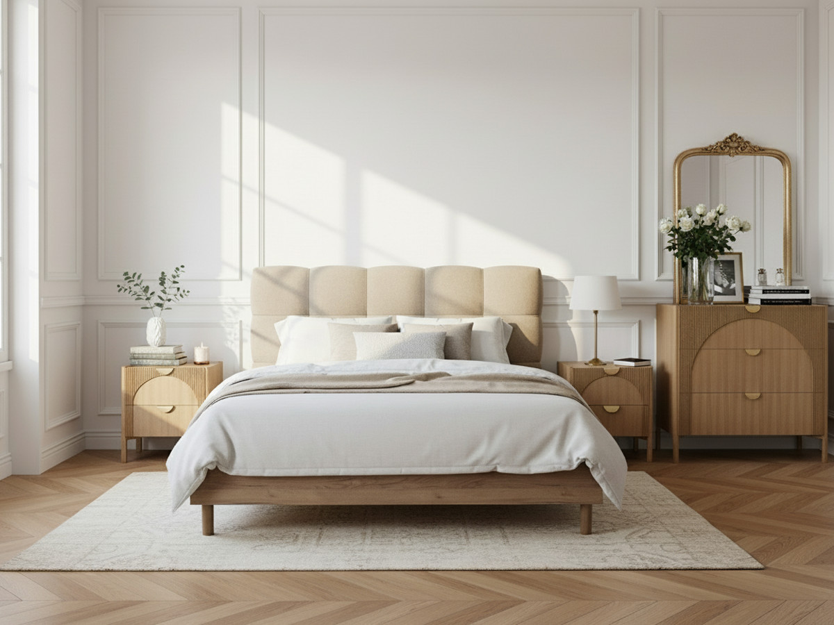 Ensemble LOLA avec commode 3 tiroirs et lot de 2 chevets plaqué frêne