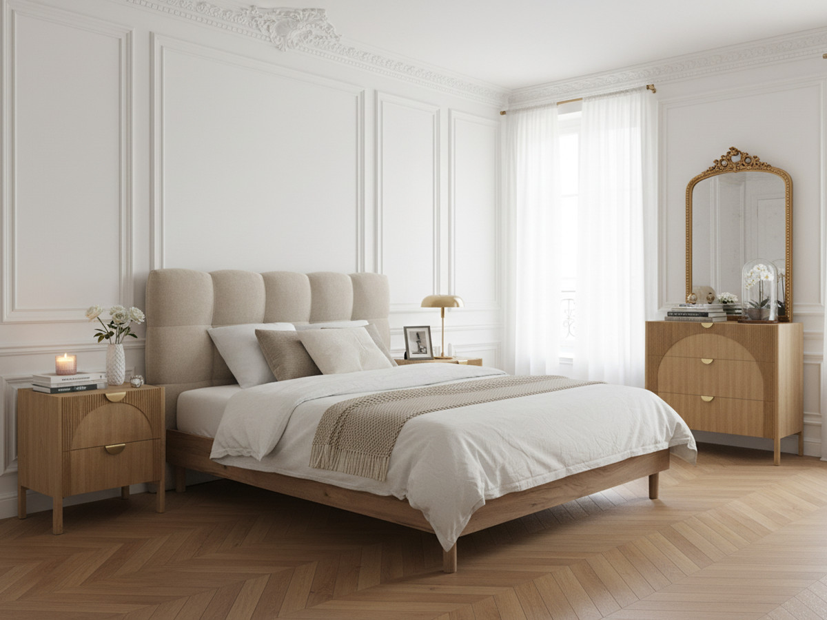 Ensemble LOLA avec commode 3 tiroirs et lot de 2 chevets plaqué frêne