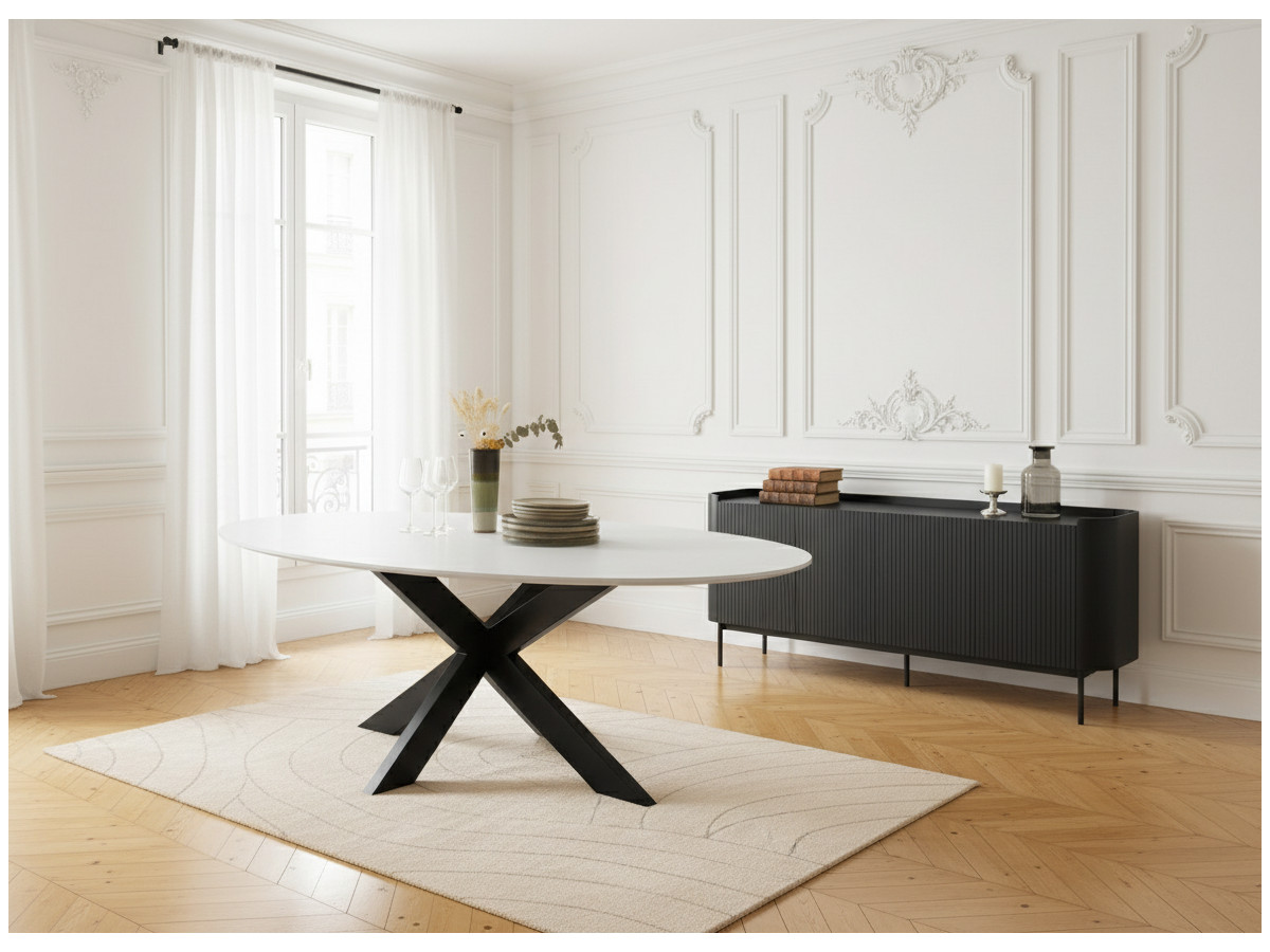 Table à manger ovale 200 cm BARTHELEMY plateau quartz effet marbre