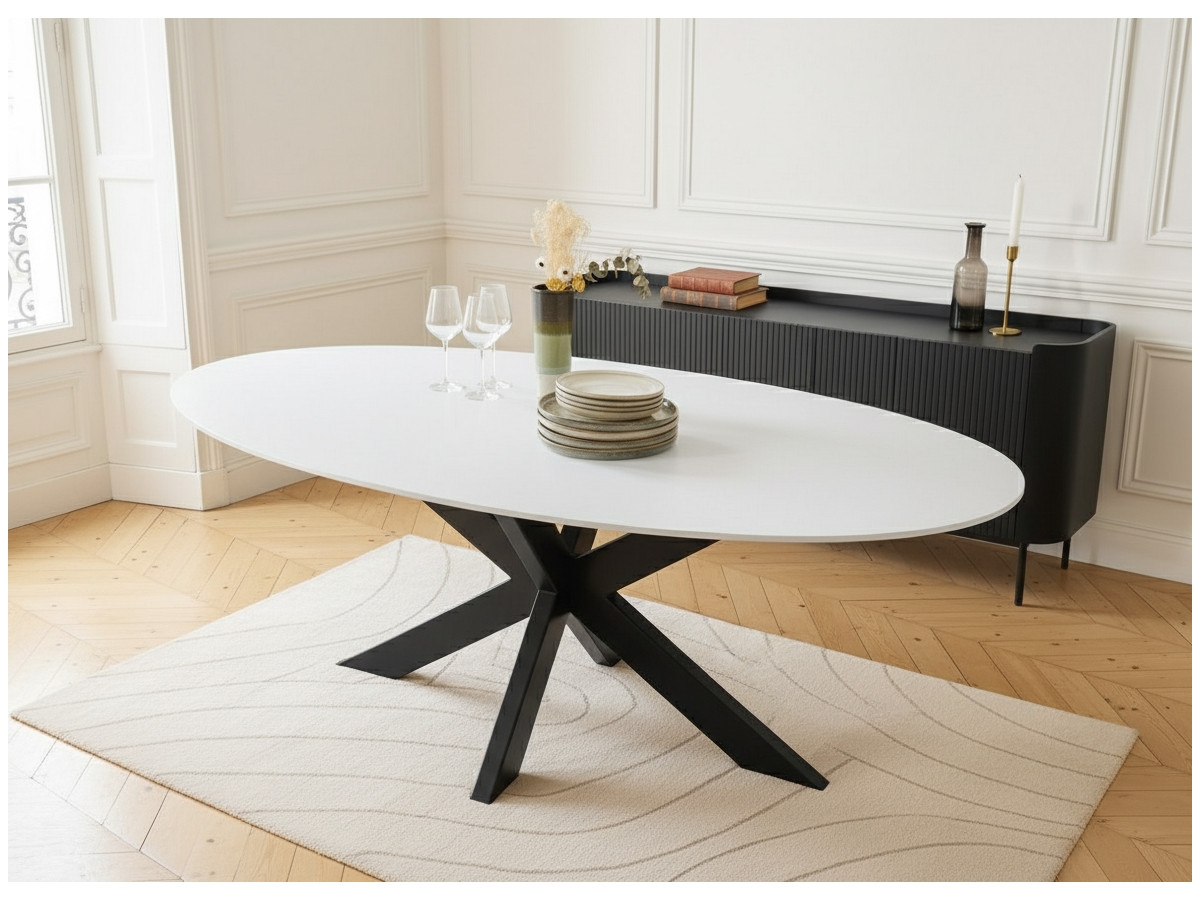 Table à manger ovale 200 cm BARTHELEMY plateau quartz effet marbre