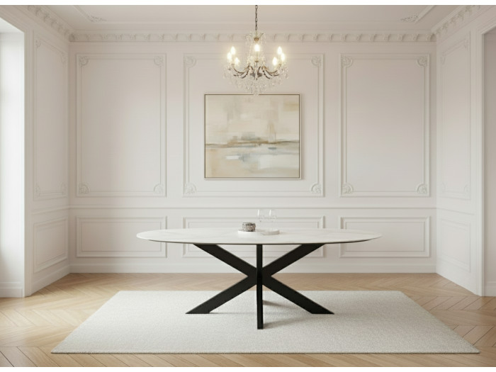 Table à manger ovale 200 cm BARTHELEMY plateau quartz effet marbre