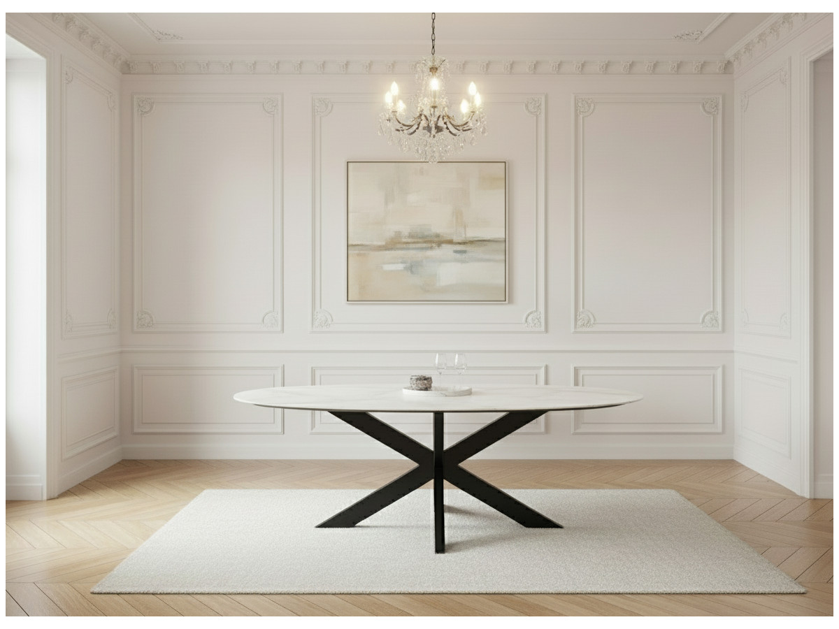 Table à manger ovale 200 cm BARTHELEMY plateau quartz effet marbre