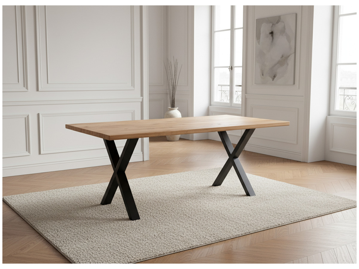 Table à manger pieds croix extensible AWANI Chêne massif et métal