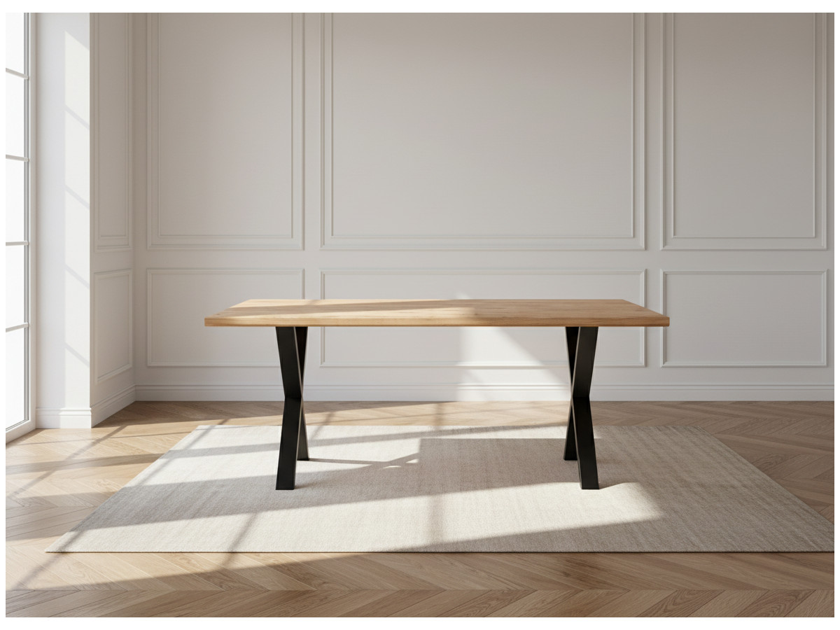 Table à manger pieds croix extensible AWANI Chêne massif et métal